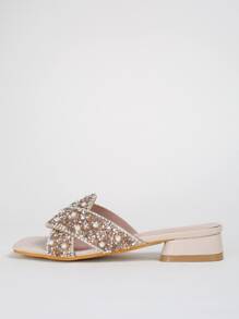 时尚女士粗跟凉鞋，饰以新颖奢华的仿珍珠和水钻，露趾网状性感拖鞋，适合派对、节日、情人节、春夏装扮。 - 香檳色 - 查看 4