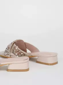 时尚女士粗跟凉鞋，饰以新颖奢华的仿珍珠和水钻，露趾网状性感拖鞋，适合派对、节日、情人节、春夏装扮。 - 香檳色 - 查看 5