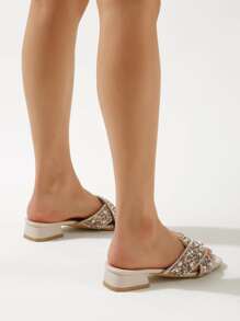 时尚女士粗跟凉鞋，饰以新颖奢华的仿珍珠和水钻，露趾网状性感拖鞋，适合派对、节日、情人节、春夏装扮。 - 香檳色 - 查看 6