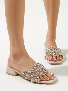 时尚女士粗跟凉鞋，饰以新颖奢华的仿珍珠和水钻，露趾网状性感拖鞋，适合派对、节日、情人节、春夏装扮。 - 香檳色 - 查看 7