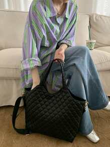 Large Capacity Double Handle Quilted Shoulder Tote Bag For Female Quilted Detail Top Handle Bag - Black - View 2