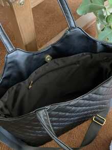 Large Capacity Double Handle Quilted Shoulder Tote Bag For Female Quilted Detail Top Handle Bag - Black - View 3