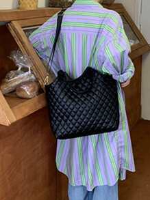 Large Capacity Double Handle Quilted Shoulder Tote Bag For Female Quilted Detail Top Handle Bag - Black - View 4