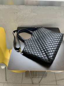 Large Capacity Double Handle Quilted Shoulder Tote Bag For Female Quilted Detail Top Handle Bag - Black - View 5