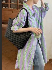 Large Capacity Double Handle Quilted Shoulder Tote Bag For Female Quilted Detail Top Handle Bag - Black - View 6