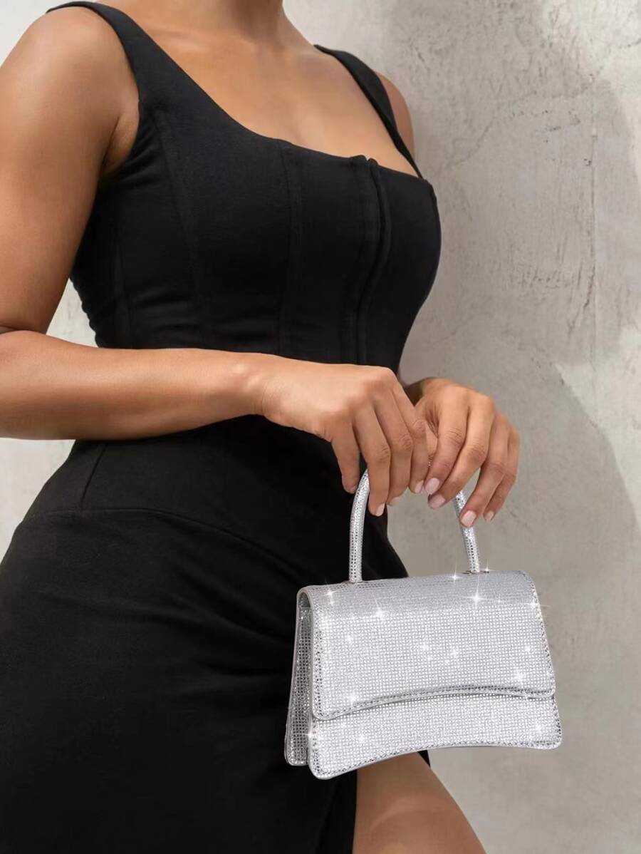Glamorous, Elegant, Exquisite, Quiet Luxury Sequin, Stylish, Luxury, Shiny Mini Glitter Top Handle Flap Square Bag Evening Bag, Dinner Bag Faux Pearl For Party Girl, Woman, Bride Perfect For Party, Wedding, Prom, Dinner/Banquet - Silver - View 1