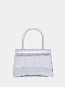 Glamorous, Elegant, Exquisite, Quiet Luxury Sequin, Stylish, Luxury, Shiny Mini Glitter Top Handle Flap Square Bag Evening Bag, Dinner Bag Faux Pearl For Party Girl, Woman, Bride Perfect For Party, Wedding, Prom, Dinner/Banquet - Silver - View 3