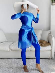 Swim Shayni 3 件装全身扎染长袖布基尼连体泳衣和沙滩裙和紧身裤，夏季海滩阿拉伯服装