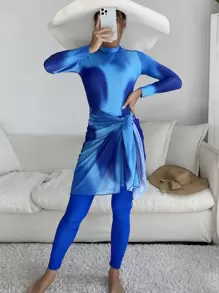 Swim Shayni 3 件装全身扎染长袖布基尼连体泳衣和沙滩裙和紧身裤，夏季海滩阿拉伯服装