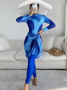 Swim Shayni 3 件装全身扎染长袖布基尼连体泳衣和沙滩裙和紧身裤，夏季海滩阿拉伯服装