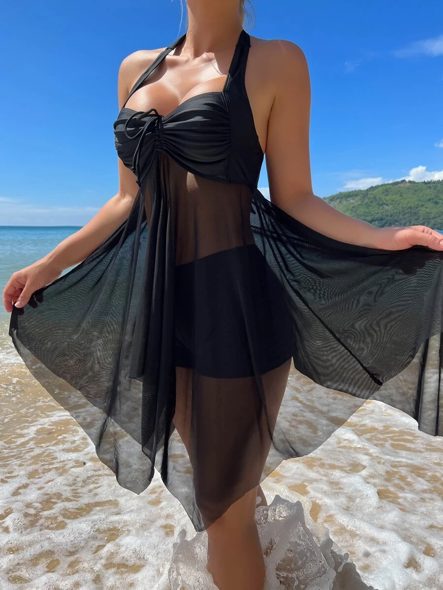 SHEIN Swim Ruched Asymmetrical Hem Halter Swim Dress,Summer Beach - Black - View 1