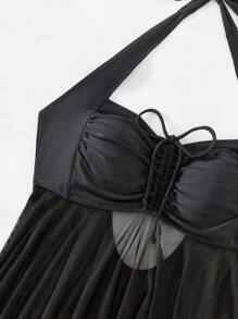 SHEIN Swim Ruched Asymmetrical Hem Halter Swim Dress,Summer Beach - Black - View 4