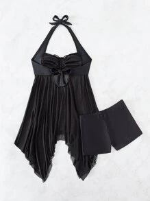 SHEIN Swim Ruched Asymmetrical Hem Halter Swim Dress,Summer Beach - Black - View 5