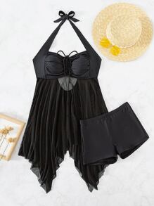 SHEIN Swim Ruched Asymmetrical Hem Halter Swim Dress,Summer Beach - Black - View 6