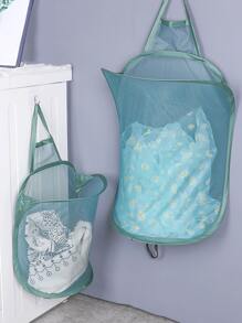 1pc Plain Mesh Wall Hanging Laundry Hamper - Green - View 1