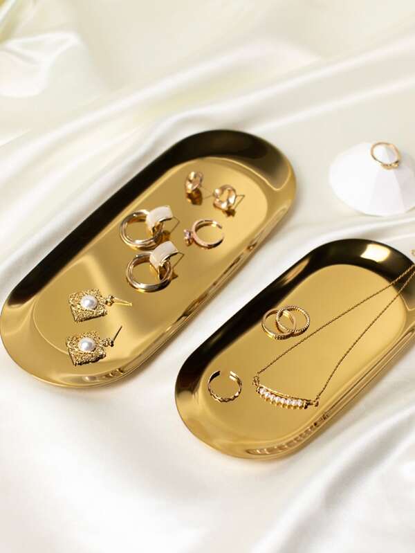 1pc Plain Stainless Steel Jewelry Storage Tray, Gold Oval Jewelry