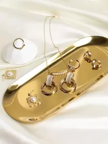 1pc Plain Stainless Steel Jewelry Storage Tray, Gold Oval Jewelry Display Holder For Home, Gift For Valentine's Day Back To School - Gold - View 3