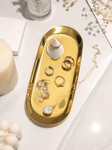 1pc Plain Stainless Steel Jewelry Storage Tray, Gold Oval Jewelry Display Holder For Home, Gift For Valentine's Day Back To School - Gold - View 5