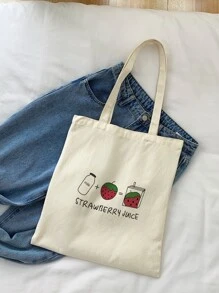 草莓与字母图案购物袋 适合毕业生、少女、大一、大二、大三和大四学生（大学、大学和高中）的学生包，非常适合户外、旅行和返校 手提包、单肩包 休闲、极简主义 轻便、便携、大容量 适合女孩、大学生、女士 礼品包、户外、旅行、郊游、购物、度假、海滩 - 米色 - 查看 1