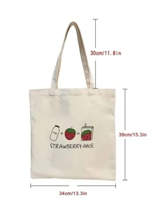 草莓与字母图案购物袋 适合毕业生、少女、大一、大二、大三和大四学生（大学、大学和高中）的学生包，非常适合户外、旅行和返校 手提包、单肩包 休闲、极简主义 轻便、便携、大容量 适合女孩、大学生、女士 礼品包、户外、旅行、郊游、购物、度假、海滩 - 米色 - 查看 3