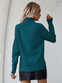 SHEIN LUNE Mock Neck Raglan Sleeve Split Hem Jumper - Teal Blue - View 2