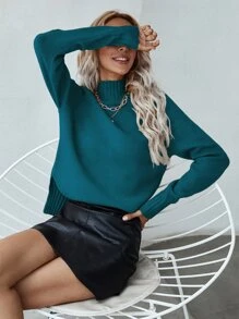 SHEIN LUNE Mock Neck Raglan Sleeve Split Hem Jumper - Teal Blue - View 3