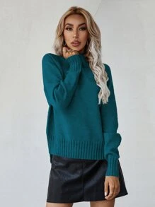SHEIN LUNE Mock Neck Raglan Sleeve Split Hem Jumper - Teal Blue - View 5