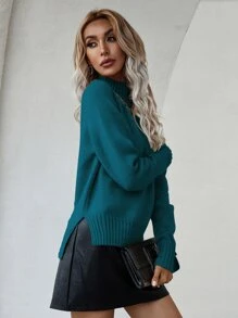 SHEIN LUNE Mock Neck Raglan Sleeve Split Hem Jumper - Teal Blue - View 6
