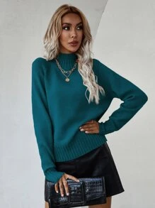 SHEIN LUNE Mock Neck Raglan Sleeve Split Hem Jumper - Teal Blue - View 7