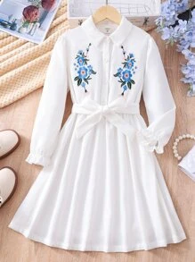 女孩花卉刺繡荷葉袖腰帶襯衫洋裝