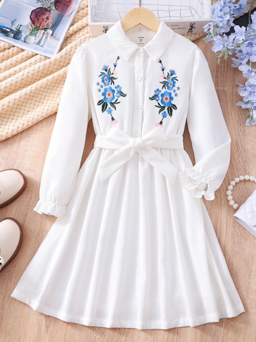 女孩花卉刺繡荷葉袖腰帶襯衫洋裝