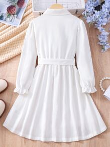 女孩花卉刺繡荷葉袖腰帶襯衫洋裝