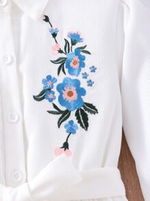 女孩花卉刺繡荷葉袖腰帶襯衫洋裝