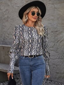 SHEIN LUNE Snakeskin Print Puff Sleeve Blouse - Mocha Brown - View 3