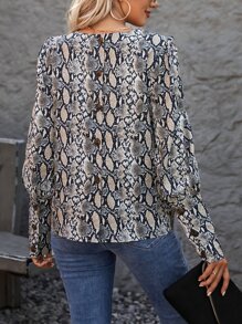SHEIN LUNE Snakeskin Print Puff Sleeve Blouse - Mocha Brown - View 5