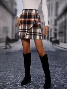 SHEIN LUNE Plaid Ring Detail Wrap Skirt - Multicolor - View 3