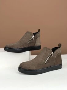 Women's Fashionable Soft And Comfortable Round Toe Side Zipper Casual Shoes With Stitching And Hollow Out Rubber Sole Design - Mocha Brown - View 1