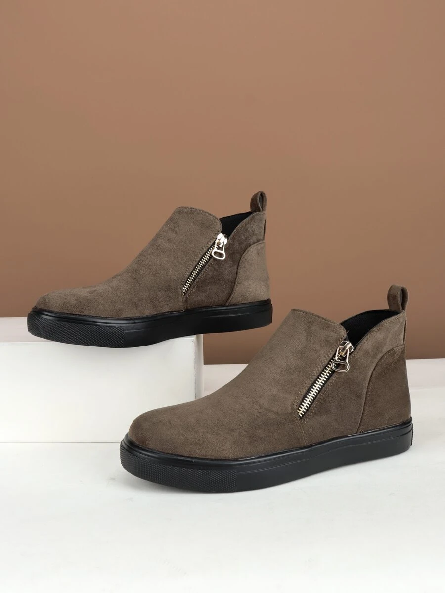 Women's Fashionable Soft And Comfortable Round Toe Side Zipper Casual Shoes With Stitching And Hollow Out Rubber Sole Design - Mocha Brown - View 1