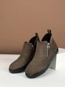 Women's Fashionable Soft And Comfortable Round Toe Side Zipper Casual Shoes With Stitching And Hollow Out Rubber Sole Design - Mocha Brown - View 2