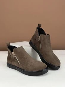 Women's Fashionable Soft And Comfortable Round Toe Side Zipper Casual Shoes With Stitching And Hollow Out Rubber Sole Design - Mocha Brown - View 3