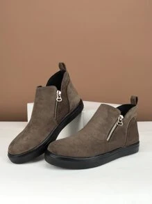 Women's Fashionable Soft And Comfortable Round Toe Side Zipper Casual Shoes With Stitching And Hollow Out Rubber Sole Design - Mocha Brown - View 5