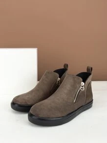 Women's Fashionable Soft And Comfortable Round Toe Side Zipper Casual Shoes With Stitching And Hollow Out Rubber Sole Design - Mocha Brown - View 6