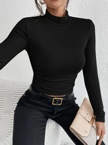 SHEIN Essnce Mock Neck Ribbed Knit Tee - Black - View 1