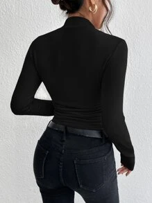 SHEIN Essnce Mock Neck Ribbed Knit Tee - Black - View 2