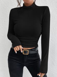 SHEIN Essnce Mock Neck Ribbed Knit Tee - Black - View 4