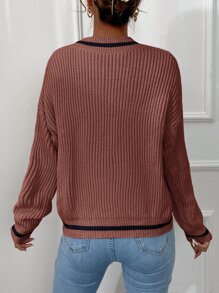 RueChic Striped Trim Drop Shoulder Cricket Jumper - Rust Brown - View 2