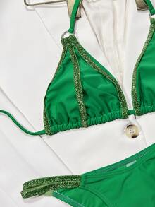 Chain Linked Halter Triangle Summer Beach Bikini Set - Green - View 3