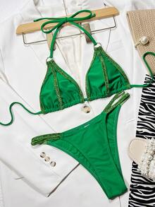 Chain Linked Halter Triangle Summer Beach Bikini Set - Green - View 4