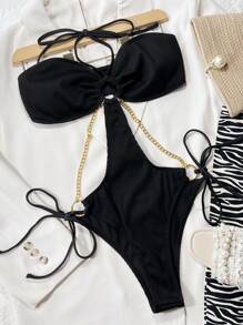 Swim SXY Summer Rib Cut-Out Ring Linked Chain Detail One Piece Swimsuit - Black - View 4