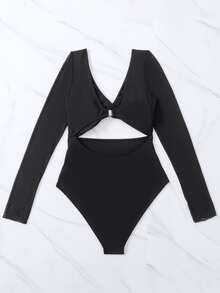 網紗拼接鏤空前扭結連體泳衣 - 黑色 - 查看 3